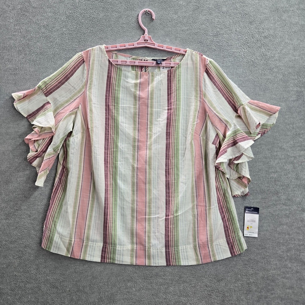 CHAPS Women Top 1X Pink Striped Blouse Flutter Sleeve Summer Cotton NWT‎